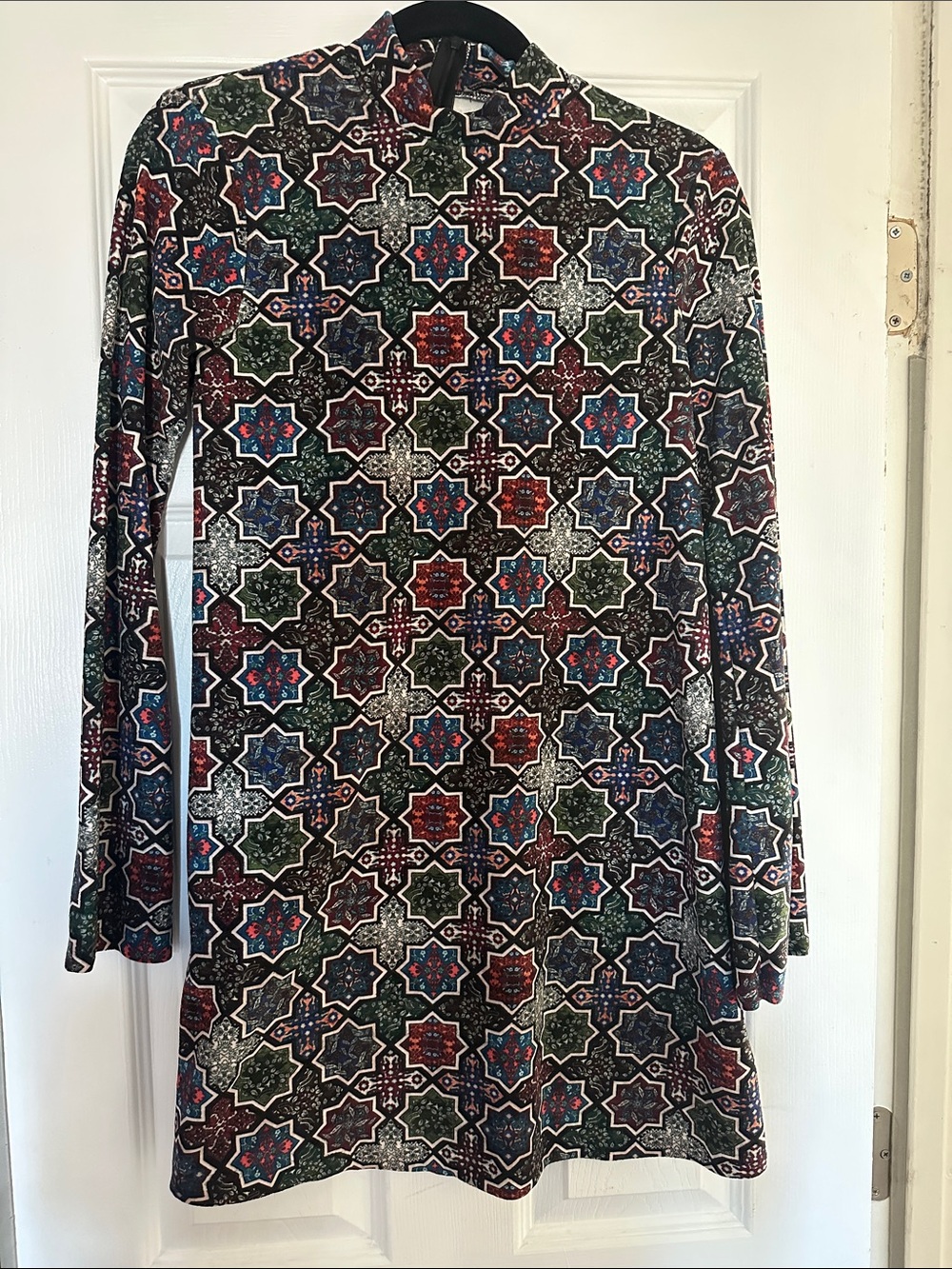 Zara Long-Sleeve Mini Dress in Black with Red, Blue & Green Star Motif